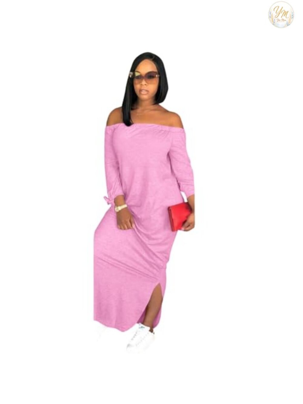 Off Shoulder Long Sleeve Maxi Dress with Side Slit - Polyester Cotton